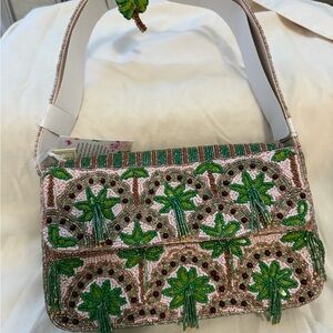 Hand-Beaded Pink Shoulder Bag with Green Palm Motif